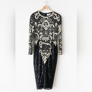 Vintage Swee Lo Black White Beaded 100% Silk Art Deco‎ Dress Small